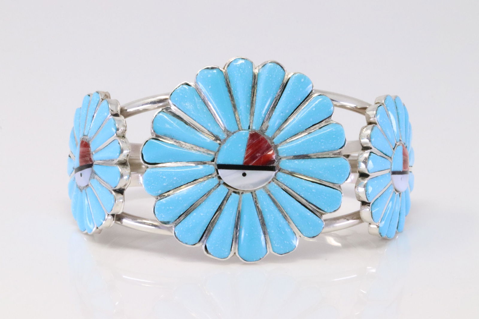 Native American Zuni Handmade Sterling Silver Multi-Color Sunface Inlay Bracelet. (1 of 4)