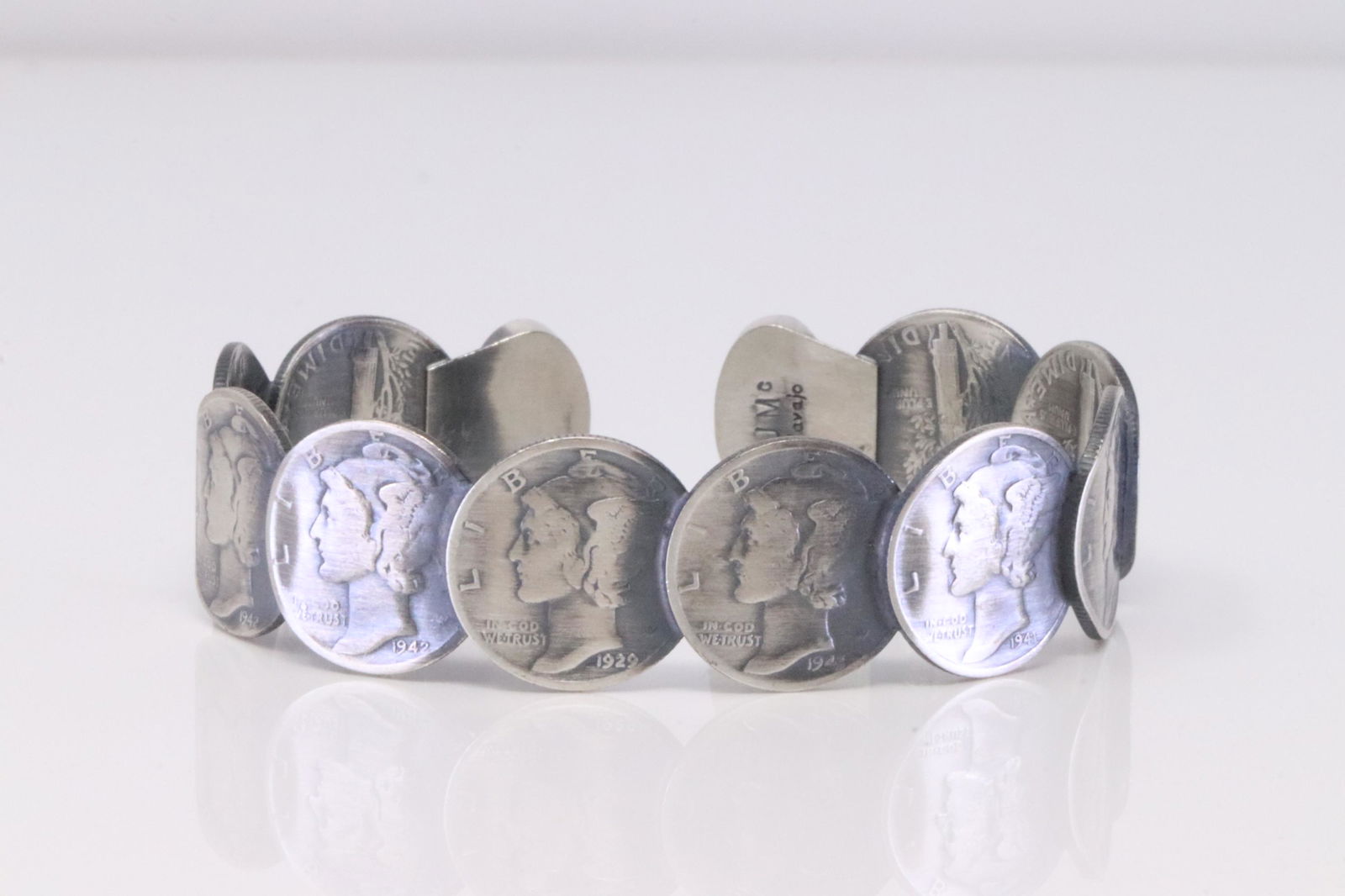 Native American Navajo Handmade Sterling Silver Turquoise Dime Bracelet By James McCabe. (1 of 4)