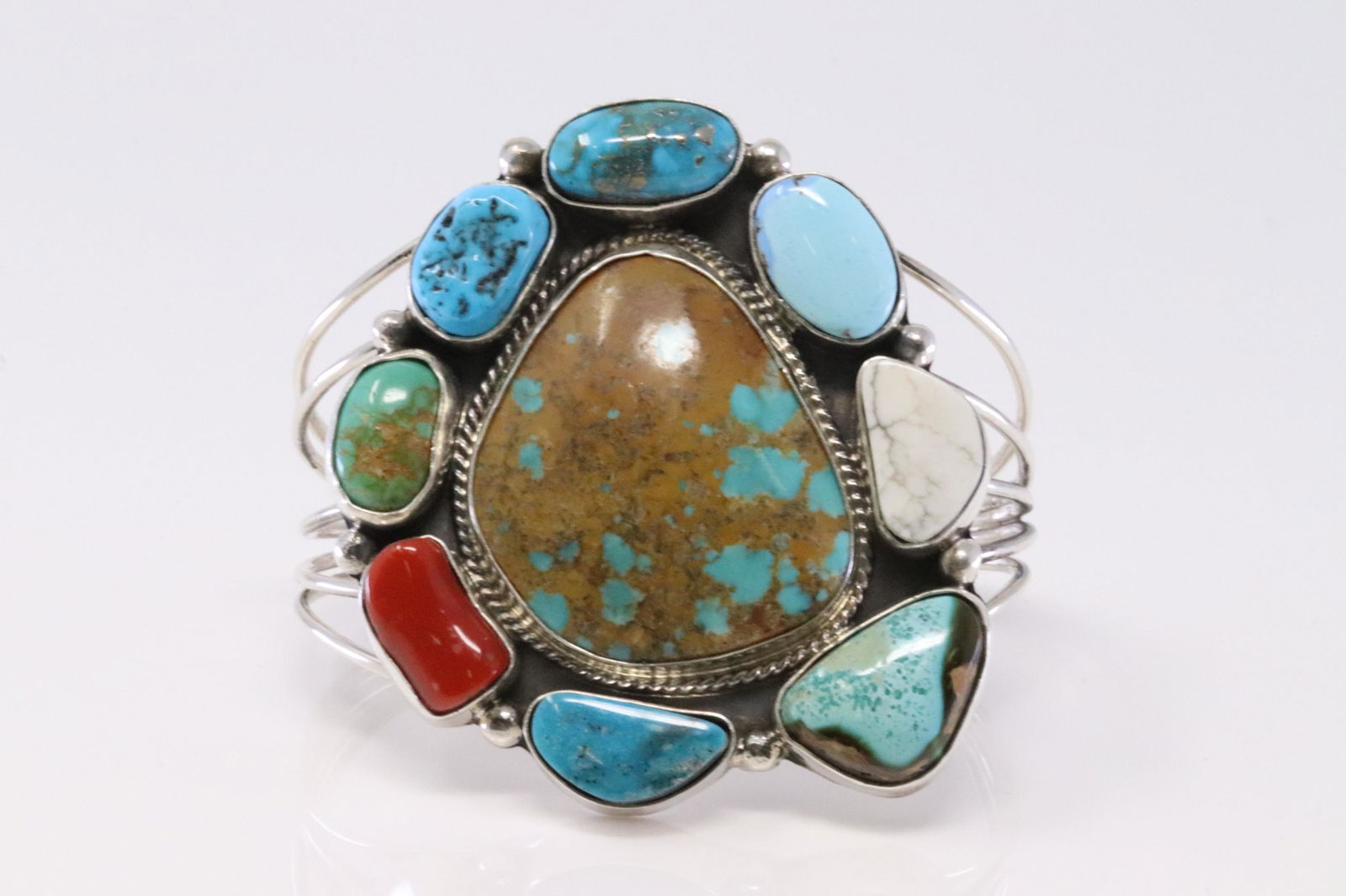 Native American Navajo Handmade Sterling Silver Multi- Color Bracelet By A.T. (1 of 4)