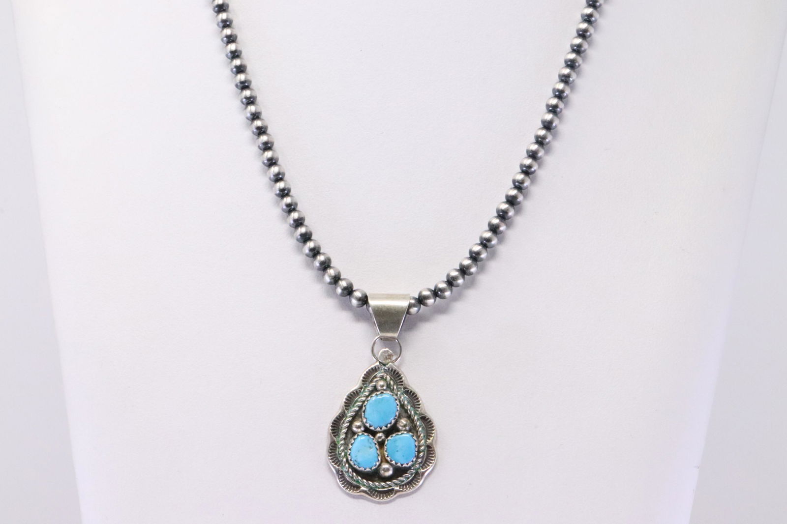 Native America Navajo Handmade Sterling Silver Turquoise Pendant & Pearl Beaded Necklace By JH (1 of 4)