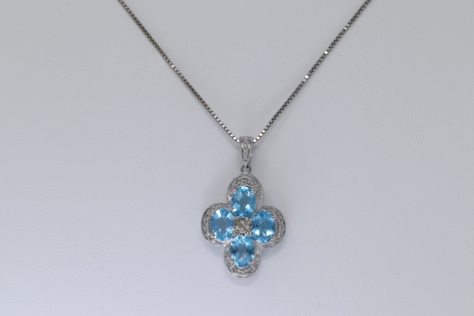 14Kt Ladies White Gold Diamond w/ Blue Topaz Charm/ Necklace (1 of 4)