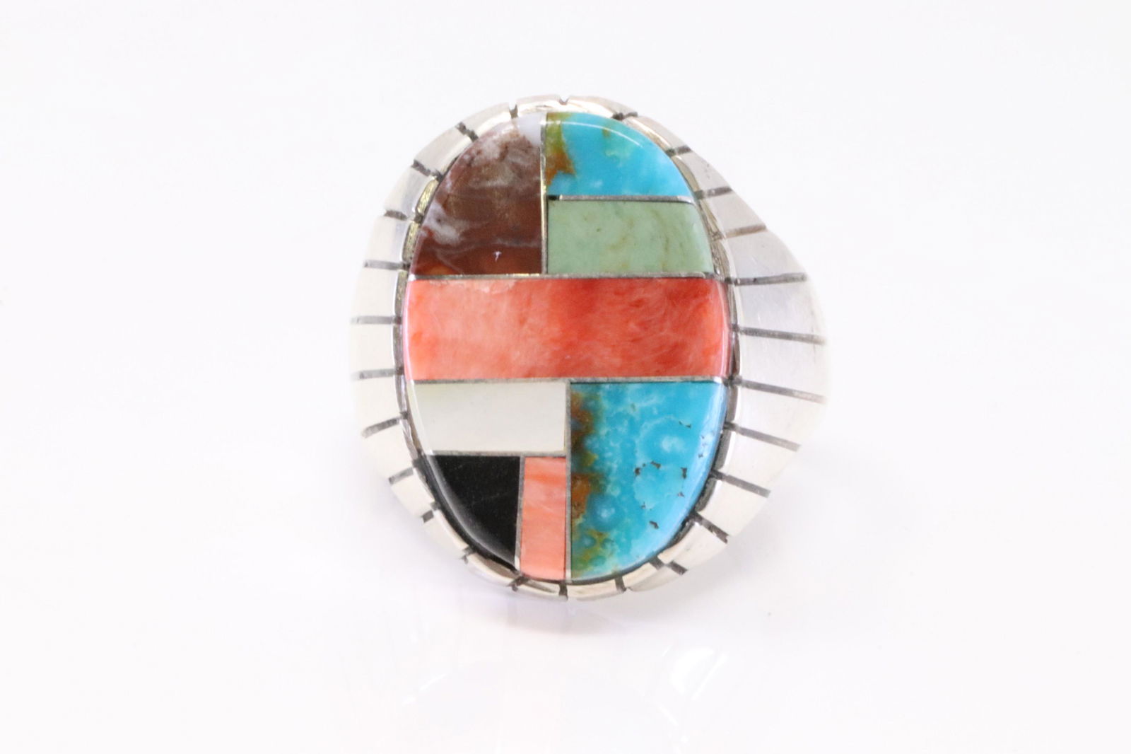 Native America Navajo Handmade Sterling Silver Multi-Color Inlay Ring By R.: This is a Native America Navajo Handmade Sterling Silver Multi-Color Inlay Ring By R. Ring size: 11.25.