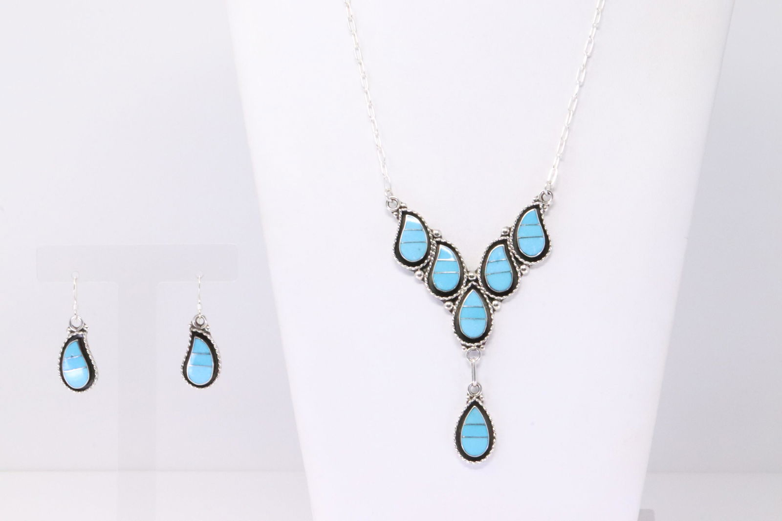 Native America Zuni Handmade Sterling Silver Turquoise Necklace Inlay & Earring's Set By Faye (1 of 7)