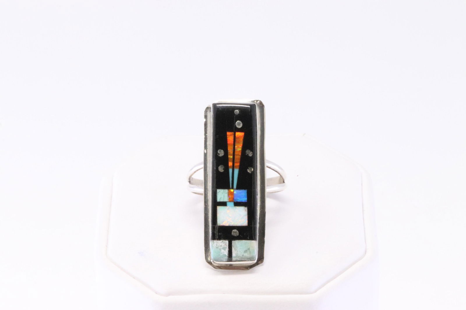 Native America Navajo Handmade Sterling Silver Night Sky Inlay Ring By G.: This is a Native America Navajo Handmade Sterling Silver Night Sky Inlay Ring By G. Ring size: 8.00.