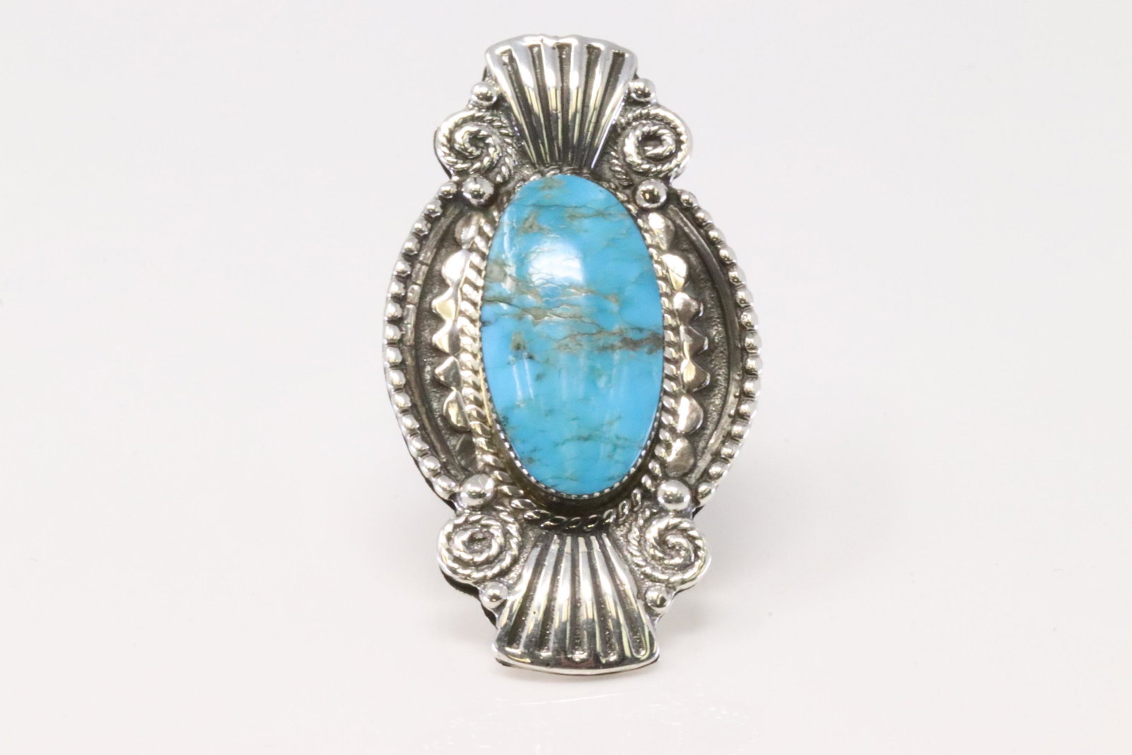 Native American Navajo Handmade Sterling Silver Turquoise Ring By Jimison Ben.: This is a Native American Navajo Handmade Sterling Silver Turquoise Ring By Jimison Ben. Ring size: 8.00.