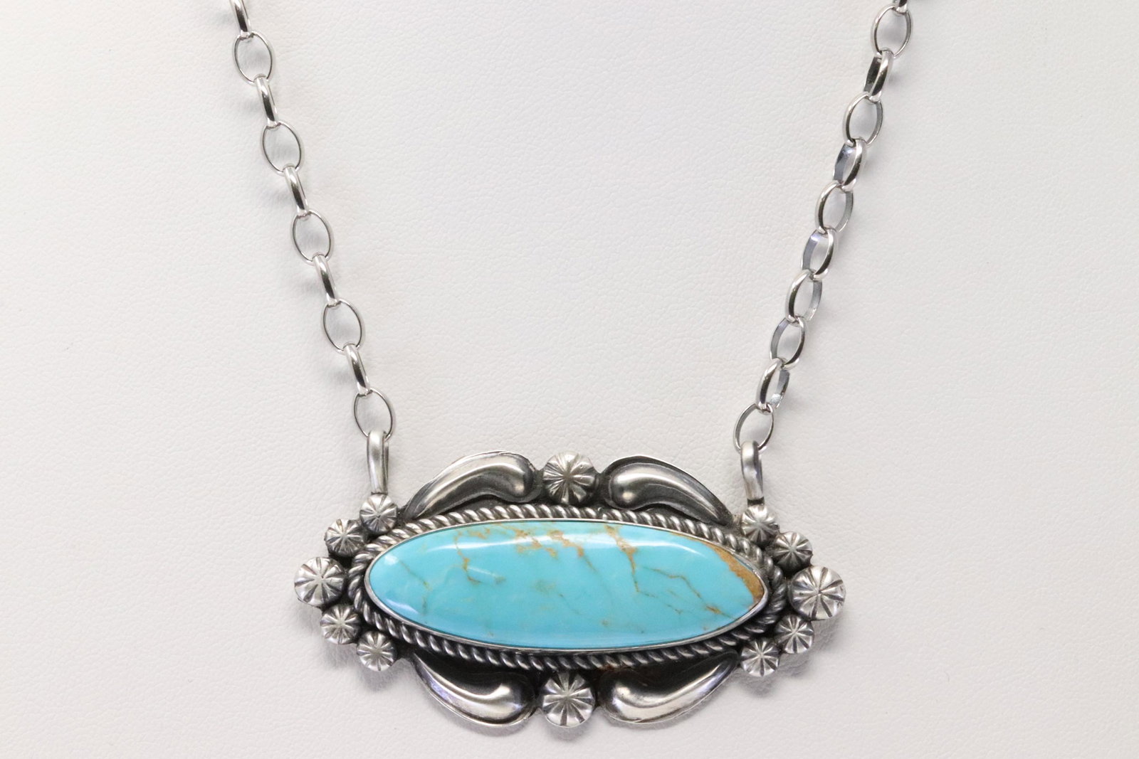 Native American Navajo Handmade Sterling Silver Kingman Turquoise Necklace By Jeff James J.: This is a Native American Navajo Handmade Sterling Silver Kingman Turquoise Necklace By Jeff James J. Necklace length: 16.00"