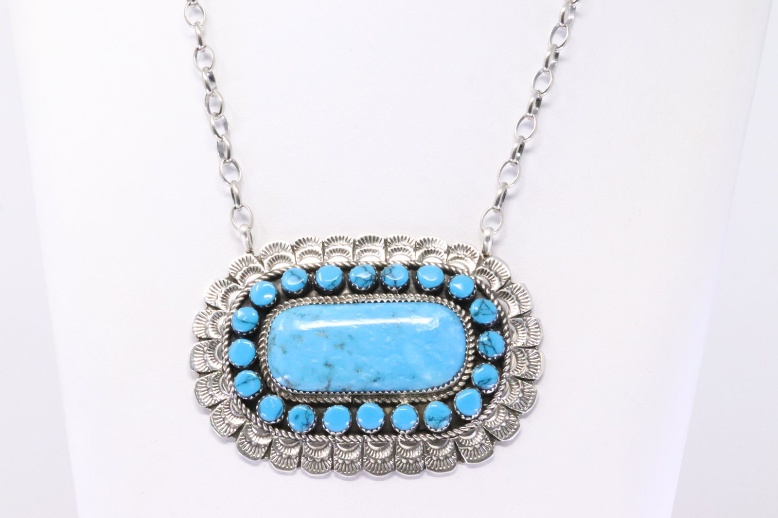 Native American Navajo Handmade Sterling Silver Turquoise Necklace By Larry Etcitty.: This is a Native American Navajo Handmade Sterling Silver Turquoise Necklace By Larry Etcitty. Necklace length: 16.00"