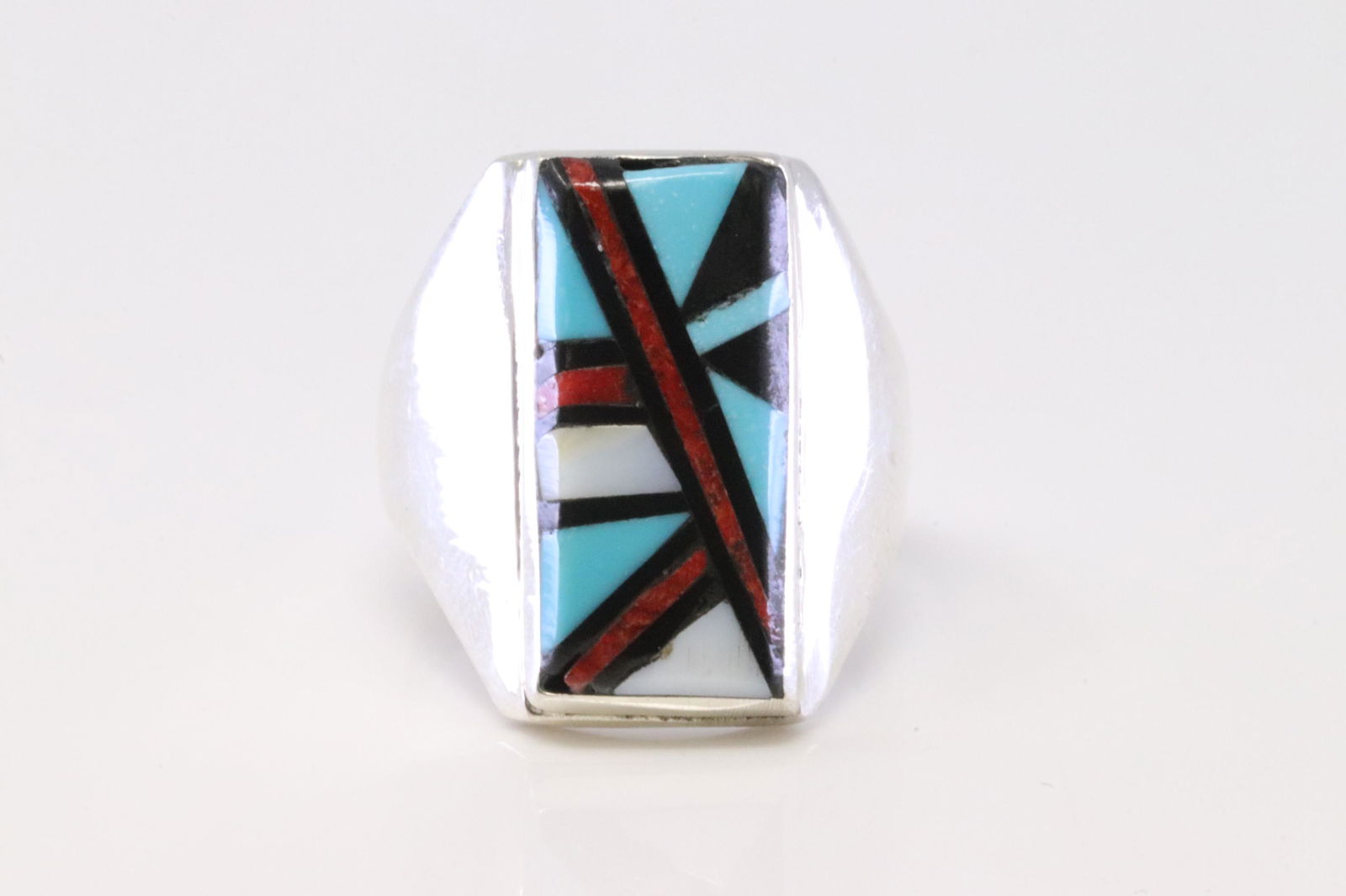Native American Zuni Handmade Sterling Silver Multi-Color Inlay Ring By R.B. (1 of 4)