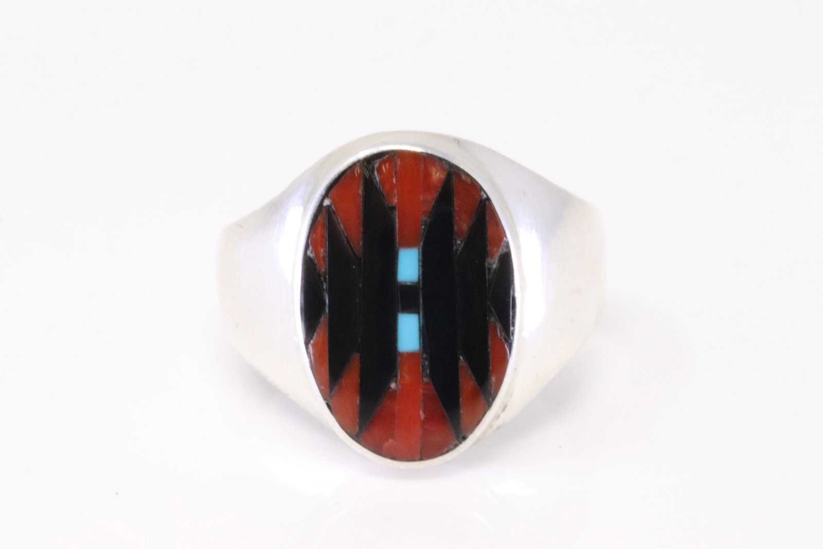 Native America Zuni Handmade Sterling Silver Multi-Color Inlay Ring By Charlotte Dishta. (1 of 4)