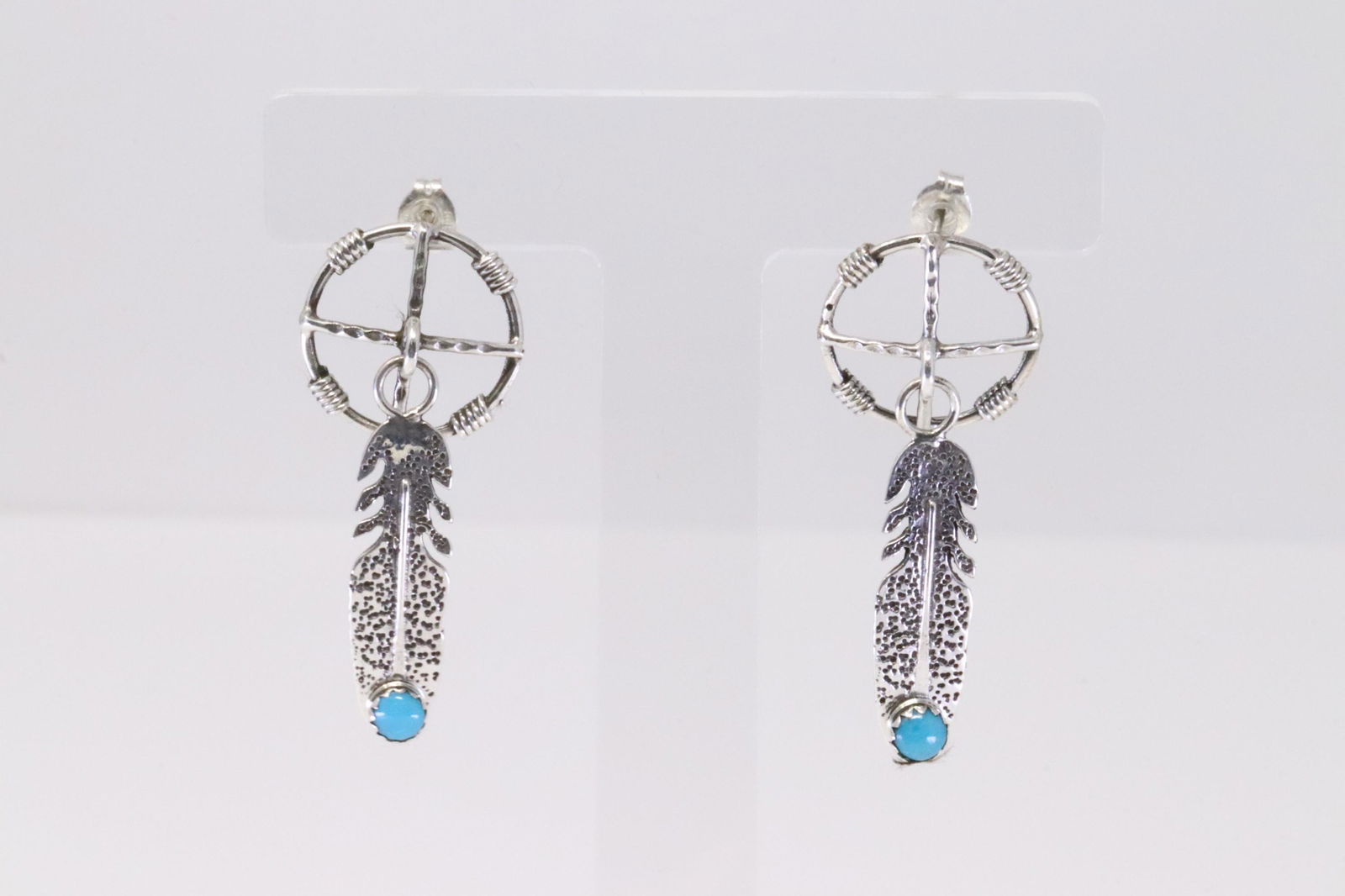Native America Navajo Handmade Sterling Silver Turquoise Feather Earring's By Sharon McCarthy. (1 of 4)