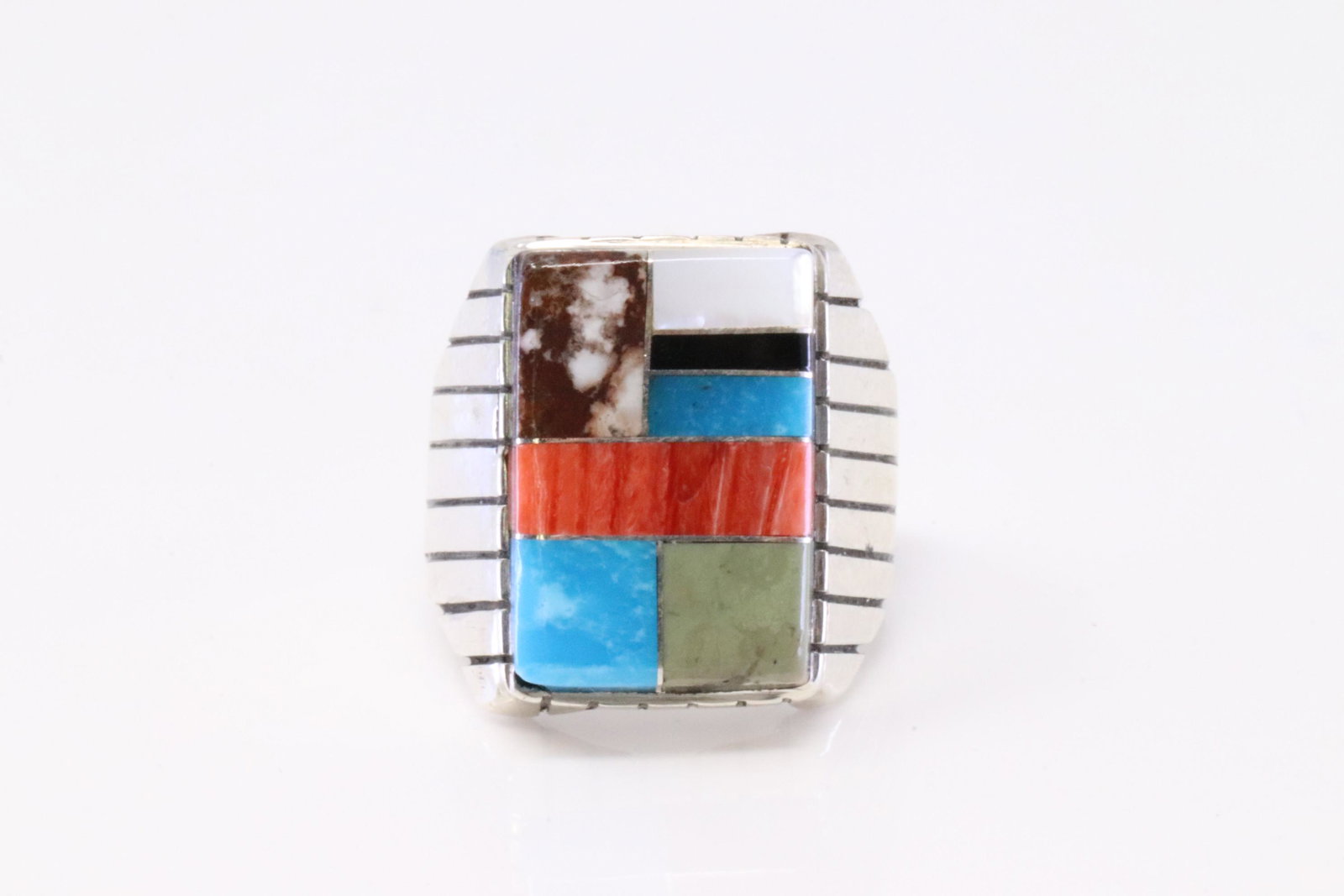 Native America Navajo Handmade Sterling Silver Multi-Color Inlay Ring By Ray Jack.: This is a Native America Navajo Handmade Sterling Silver Multi-Color Inlay Ring By Ray Jack. Ring size: 8.50.