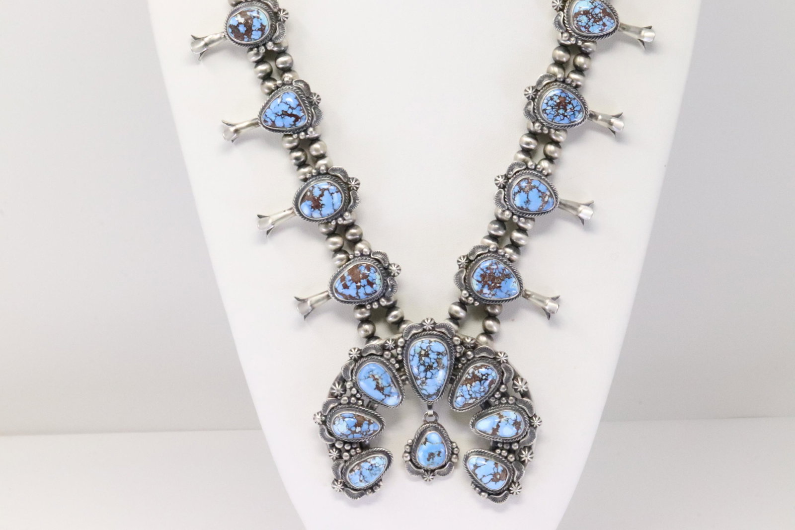 Native American Navajo Handmade Sterling Silver Squash Blossom Golden Hill Turquoise Set. (1 of 11)