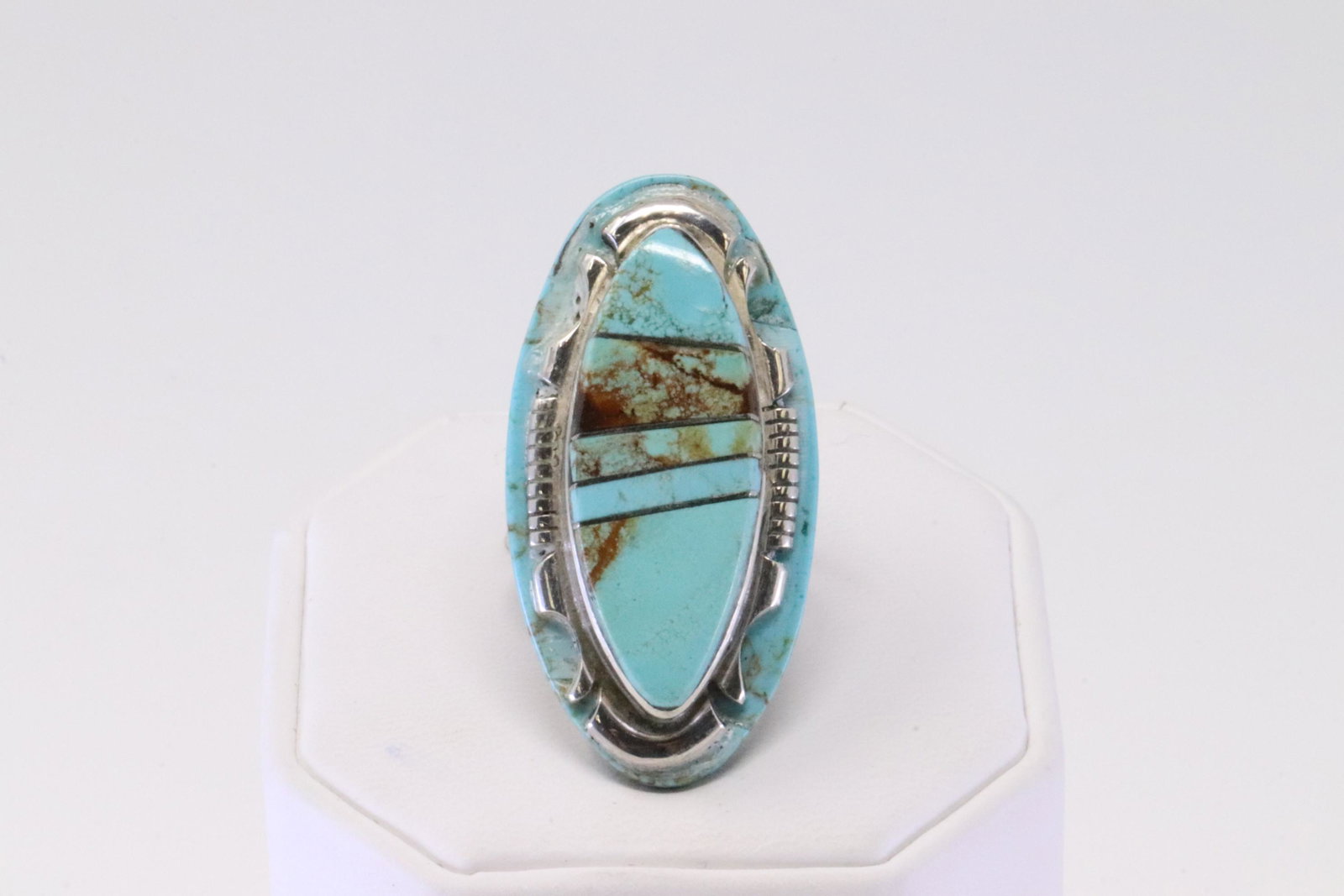 Native American Navajo Handmade Sterling Silver Turquoise Inlay Ring By SF. (1 of 4)