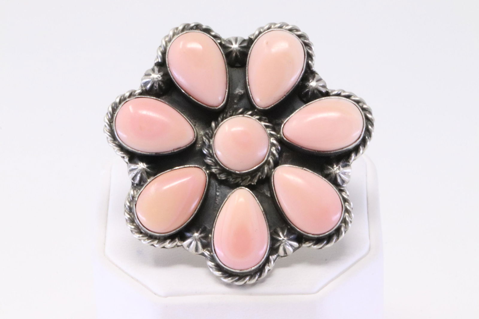 Native America Navajo Handmade Sterling Silver Pink Shell Concho Ring By A.L. (1 of 5)
