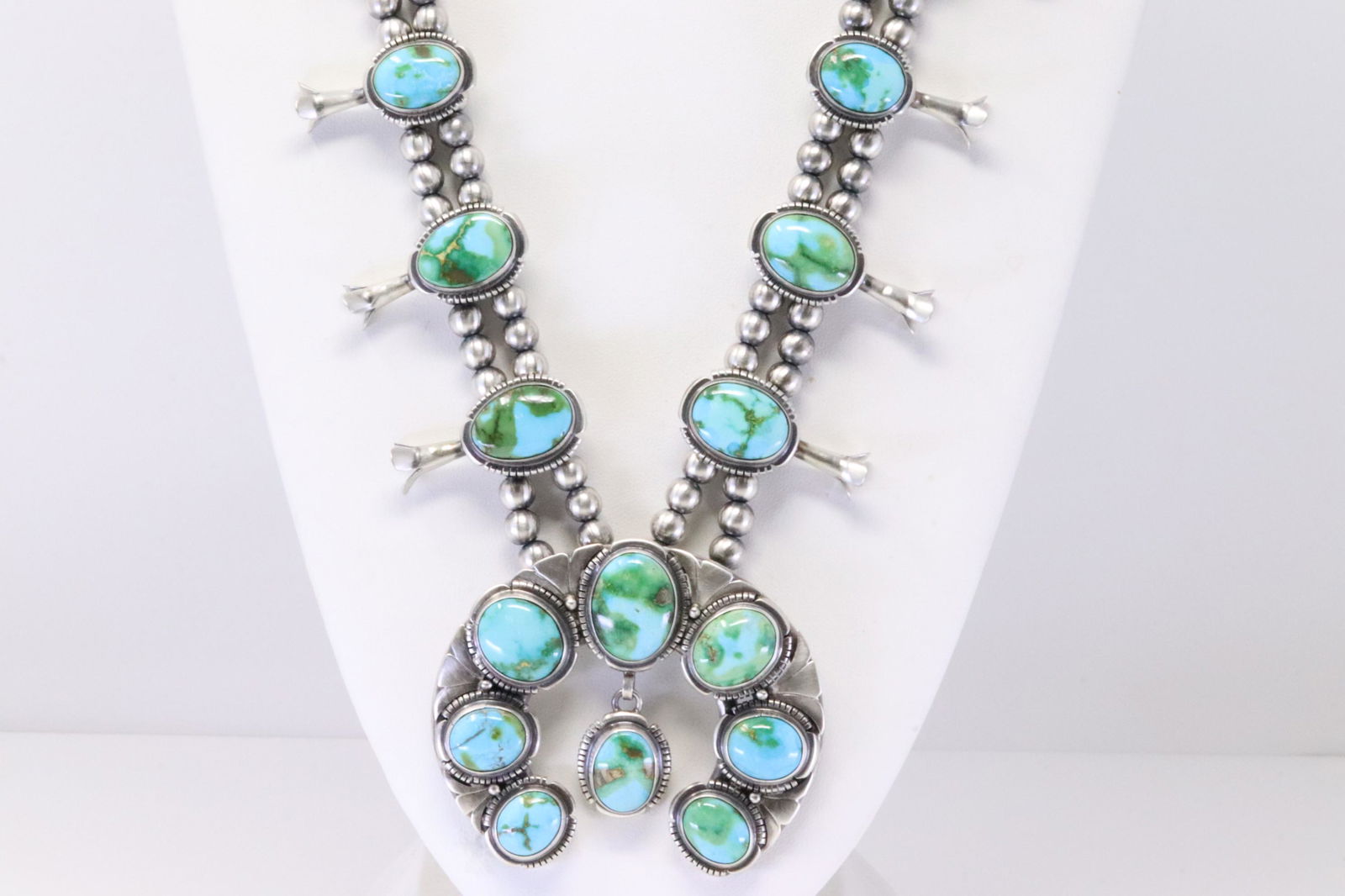 Native American Navajo Handmade Sterling Silver Sonora Gold Turquoise Squash Blossom Necklace & (1 of 10)