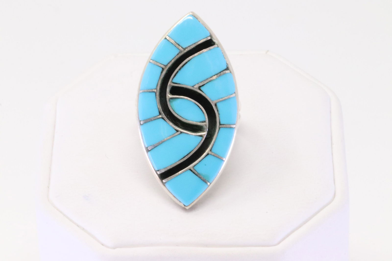 Native American Navajo Handmade Sterling Silver Turquoise Inlay Ring By A. (1 of 4)