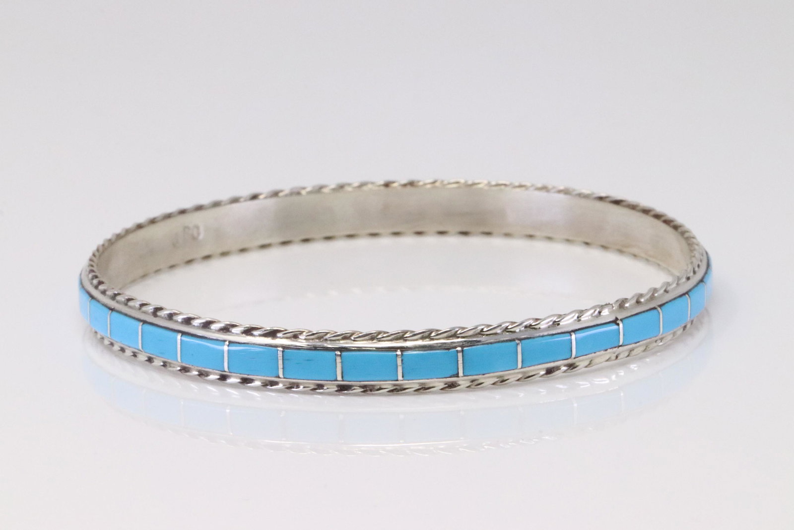 Native America Navajo Handmade Sterling Silver Turquoise Inlay Bracelet Bangle By JPC. (1 of 4)
