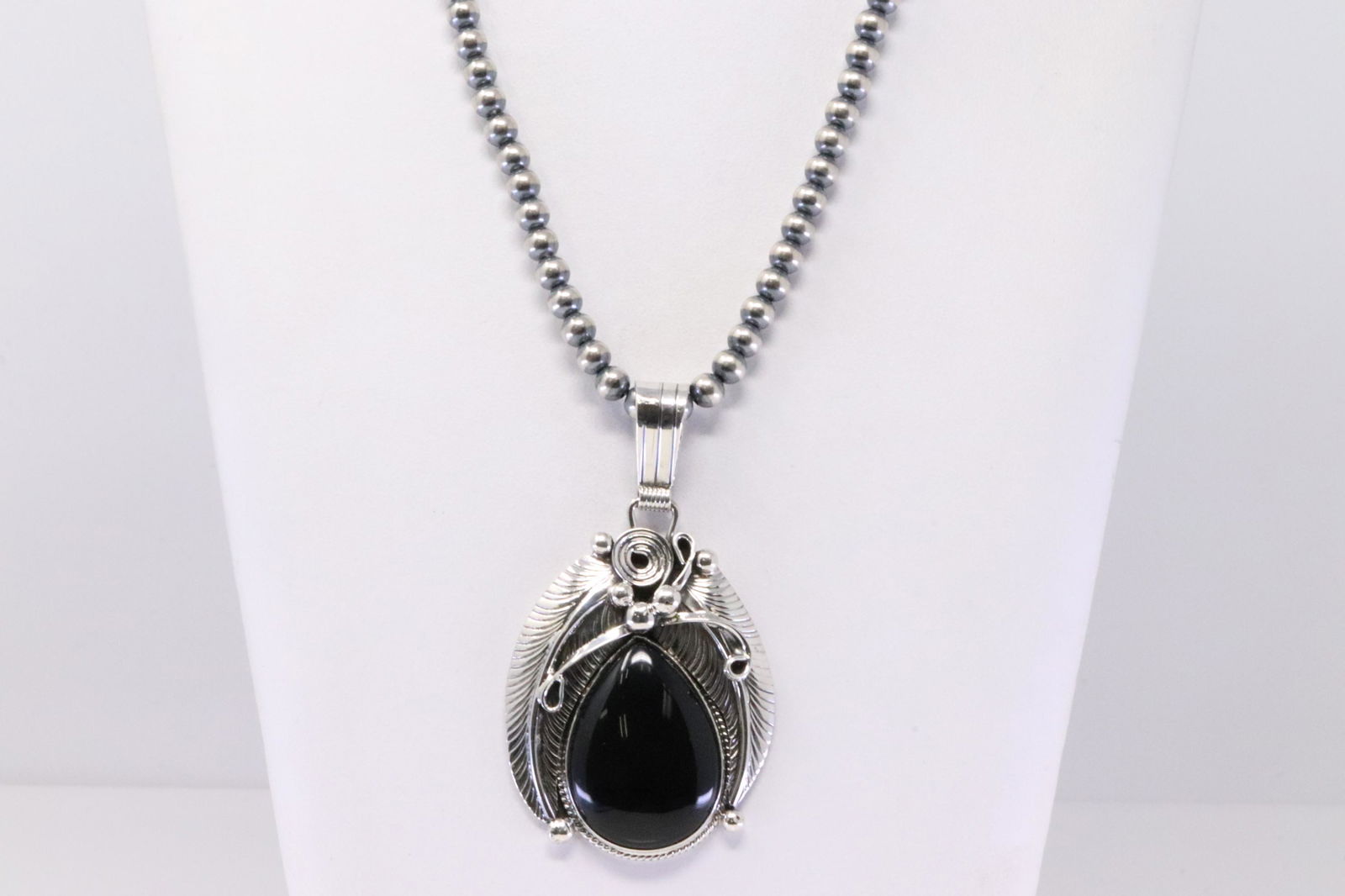 Native America Navajo Handmade Sterling Silver Black Onyx Pendant & Necklace By Davey Morgan. (1 of 4)