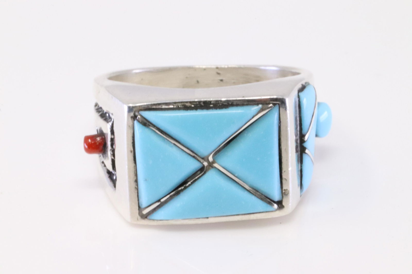 Native America Zuni Handmade Sterling Silver Coral / Turquoise Inlay Ring By Claudine Haloo. (1 of 4)