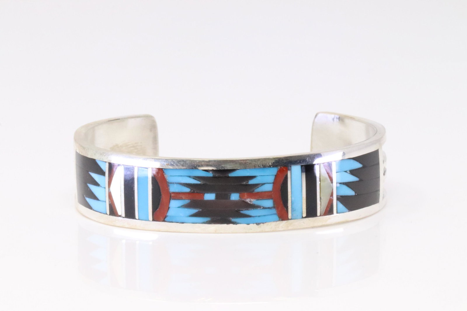 Native American Zuni Handmade Sterling Silver Multi-Color Inlay Bracelet By C.Dishta. (1 of 4)