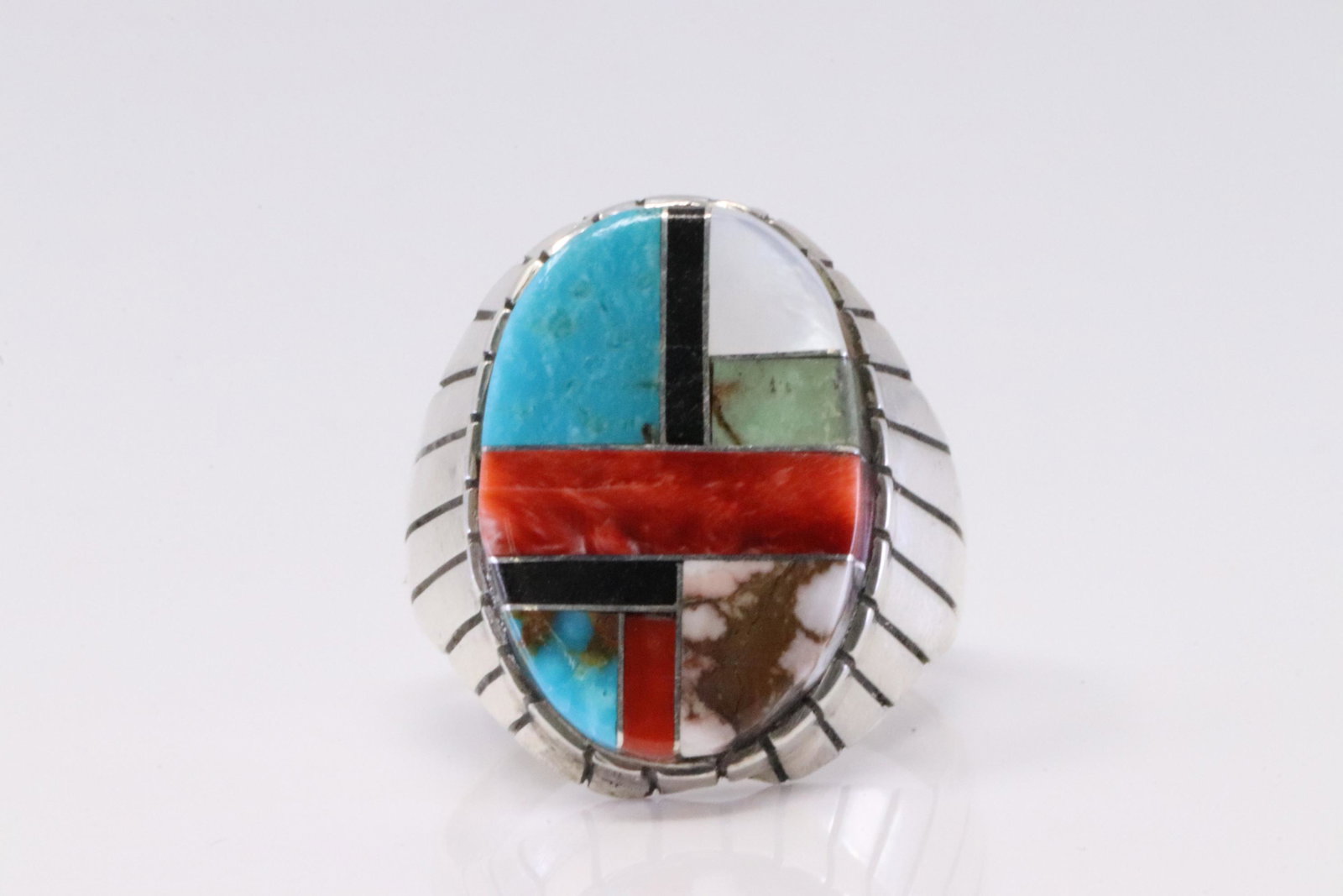 Native America Navajo Handmade Sterling Silver Multi-Color Inlay Ring By Ray Jack.: This is a Native America Navajo Handmade Sterling Silver Multi-Color Inlay Ring By Ray Jack. Ring size: 10.25.