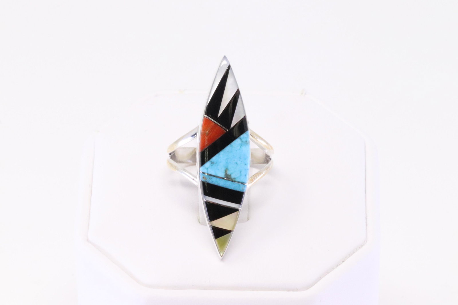 Native America Navajo Handmade Sterling Silver Multi-Color Inlay Ring By E.G.: This is a Native America Navajo Handmade Sterling Silver Multi-Color Inlay Ring By E.G. Ring size: 7.50.