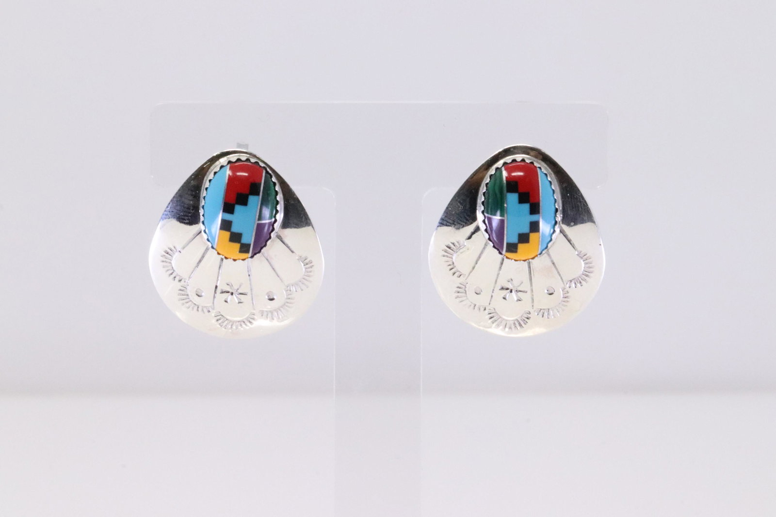 Native America Navajo Handmade Sterling Silver Multi-Color Post Earring's By B. (1 of 4)