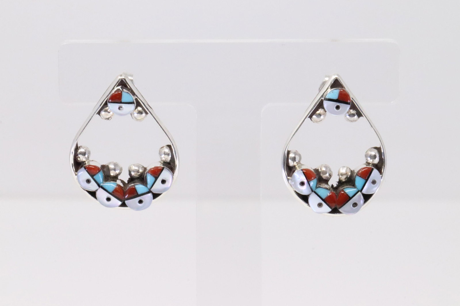 Native America Zuni Handmade Sterling Silver Multi-Color Post Earring's By Janice Lalio. (1 of 4)