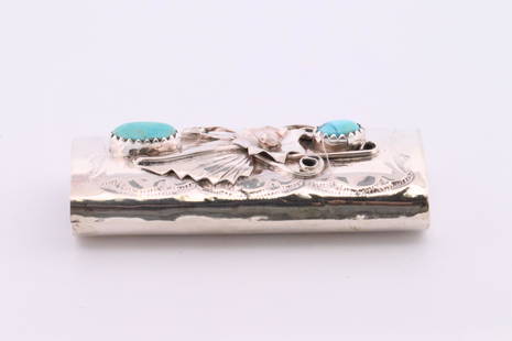 Native America Navajo Handmade Sterling Silver Turquoise Stamped Lighter By James Martin.: This is a Native America Navajo Handmade Sterling Silver Turquoise Stamped Lighter By James Martin.