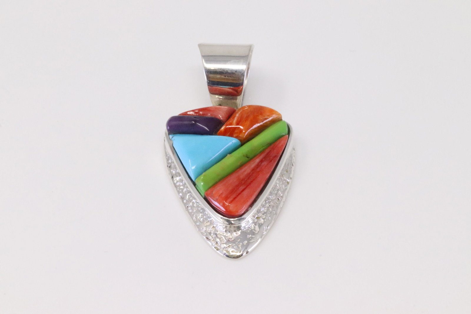 Native American Navajo Handmade Sterling Silver Multi-Color Stone Heart Pendant By Calvin. (1 of 4)