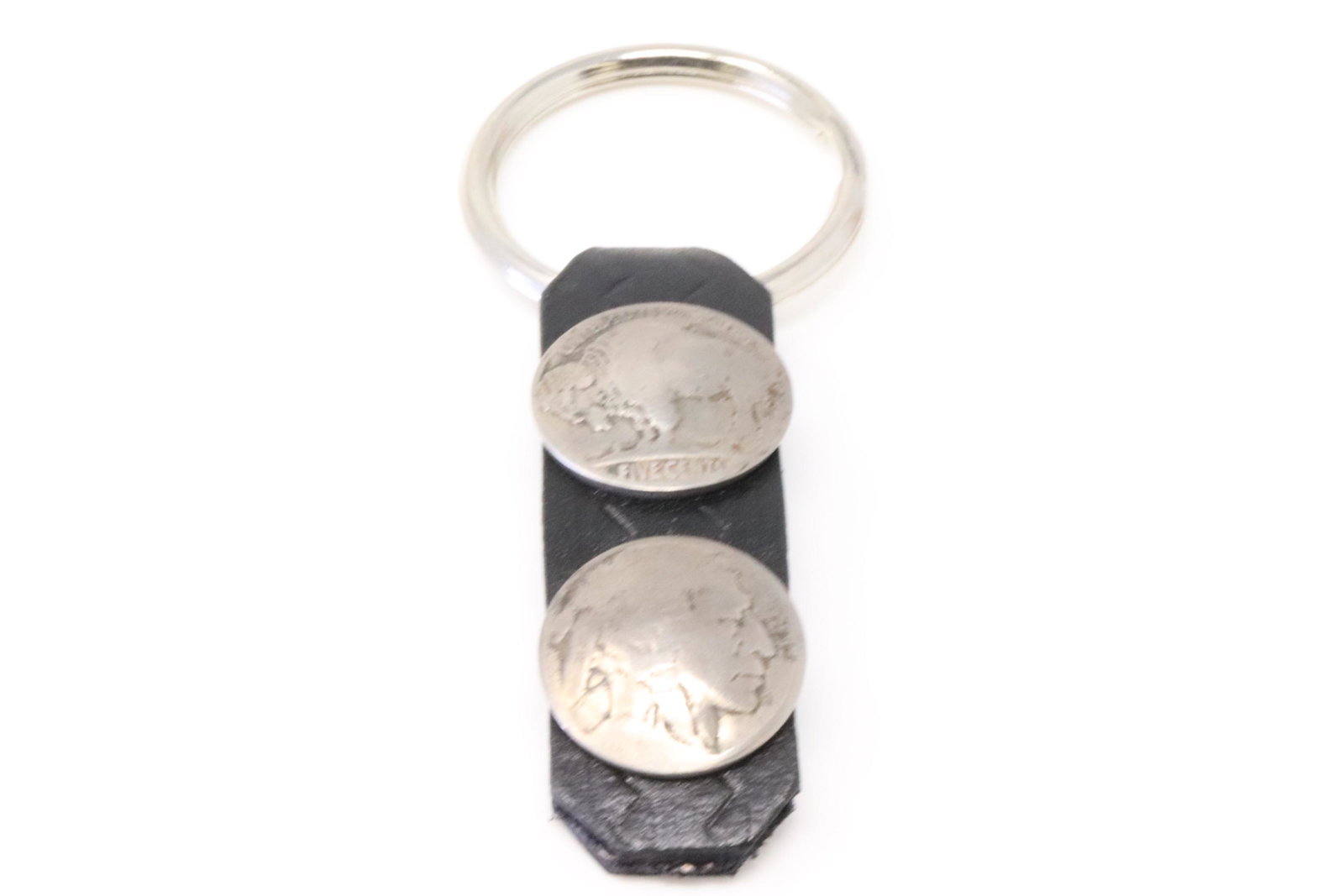 Native American Navajo Handmade Sterling Silver Double Buffalo Nickel Leather Strap Key Ring. (1 of 4)