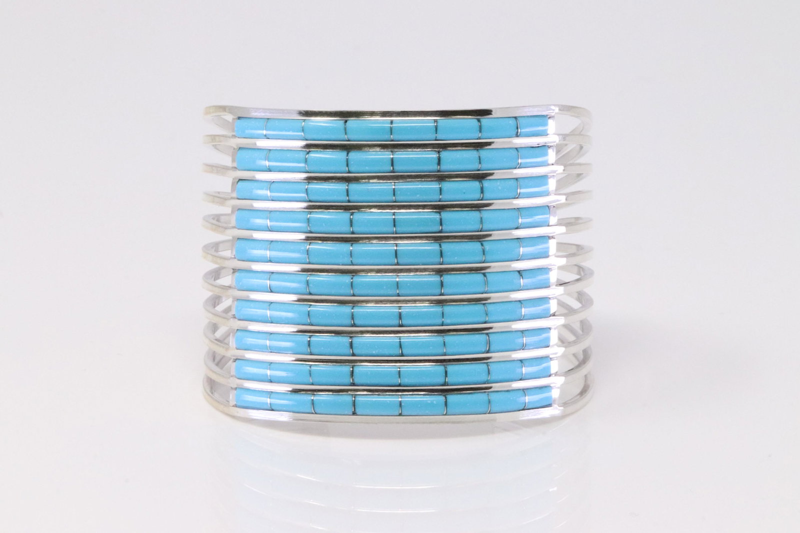 Native America Zuni Handmade Sterling Silver Turquoise Inlay Bracelet Cuff By ALW. (1 of 4)