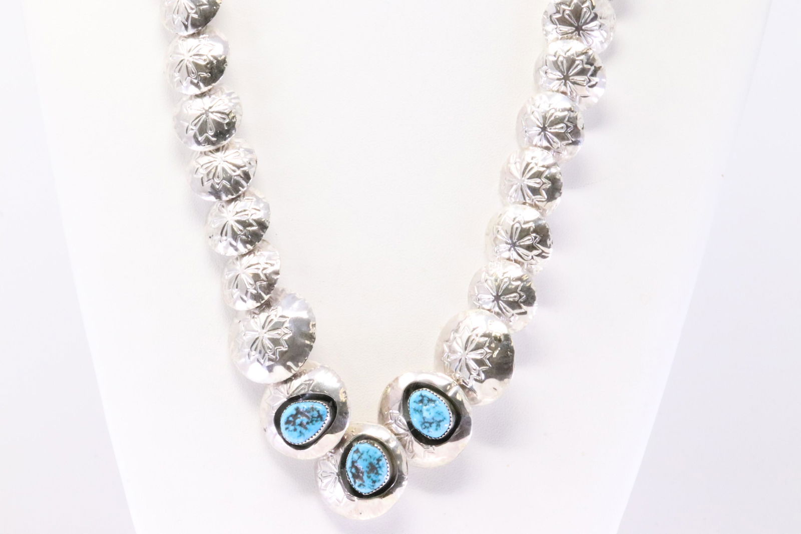 Native American Navajo Handmade Sterling Silver Turquoise Beaded Necklace & Earring's Set By Lenatte (1 of 6)