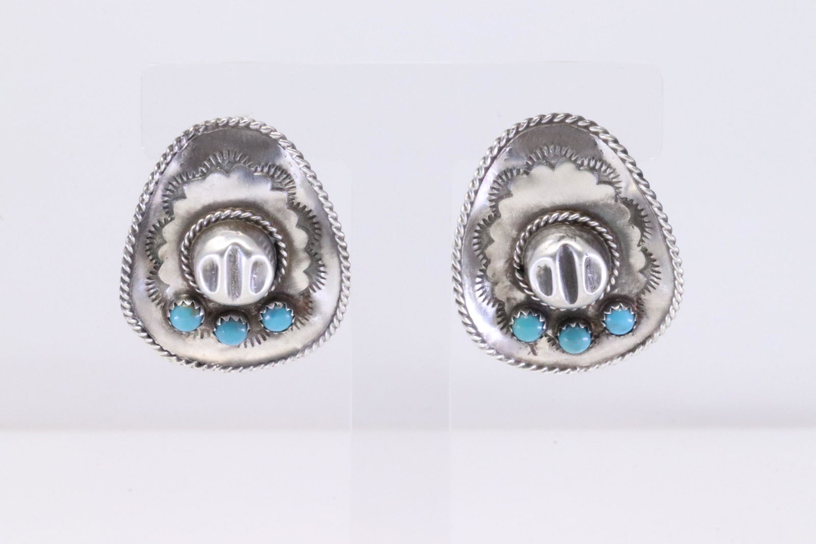 Native American Navajo Handmade Sterling Silver Turquoise Hat Cowboy Post Earring's By R.B. (1 of 4)