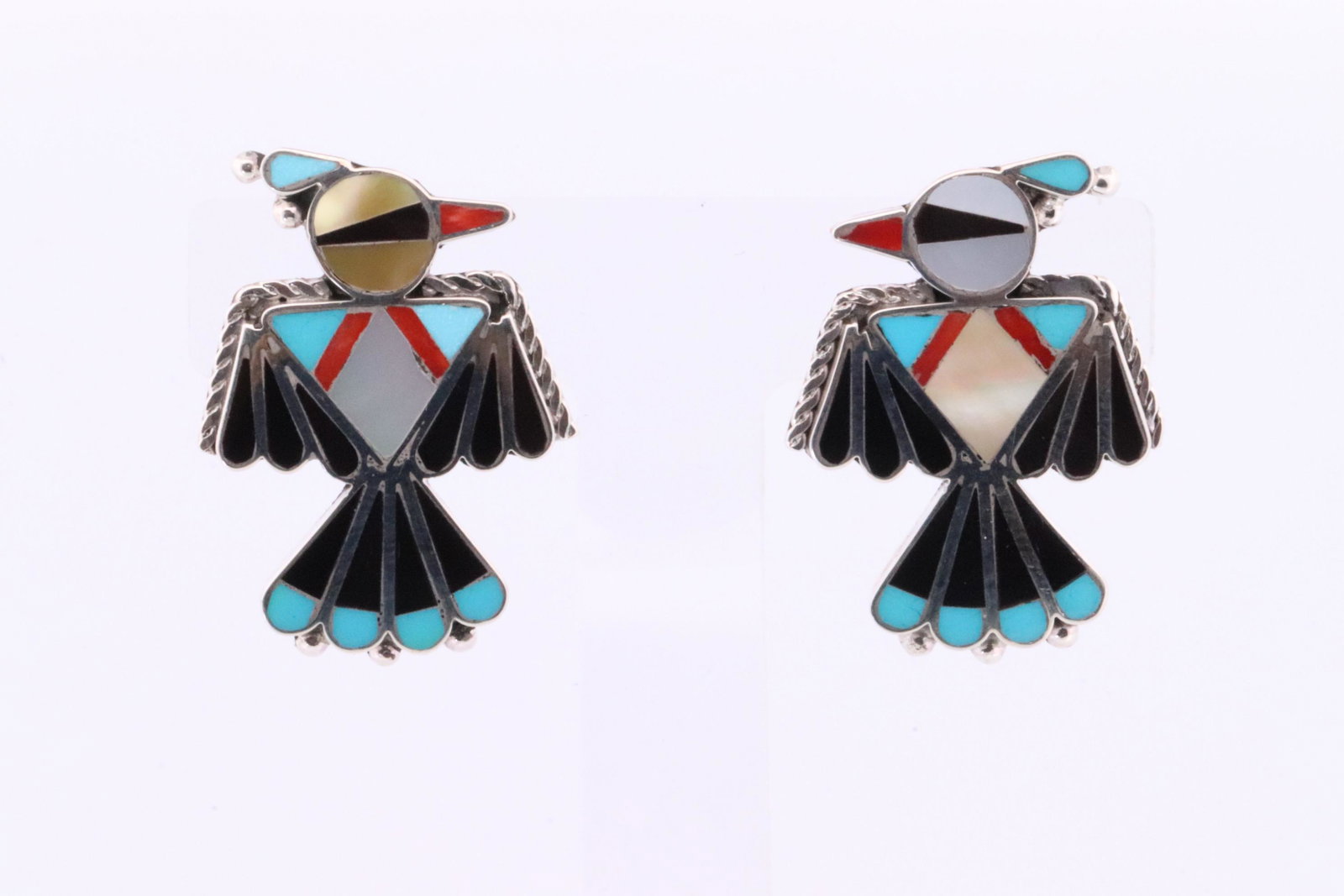 Native American Zuni Handmade Sterling Silver Multi-Color Inlay Post Earring's By Adrian Wallace.: This is a Native American Zuni Handmade Sterling Silver Multi-Color Inlay Post Earring's By Adrian Wallace.