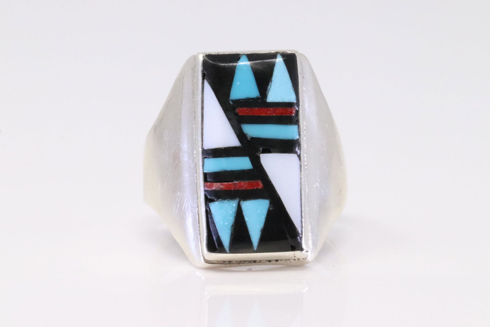 Native America Zuni Handmade Sterling Silver Multi-Color Inlay Ring By R.B. (1 of 4)
