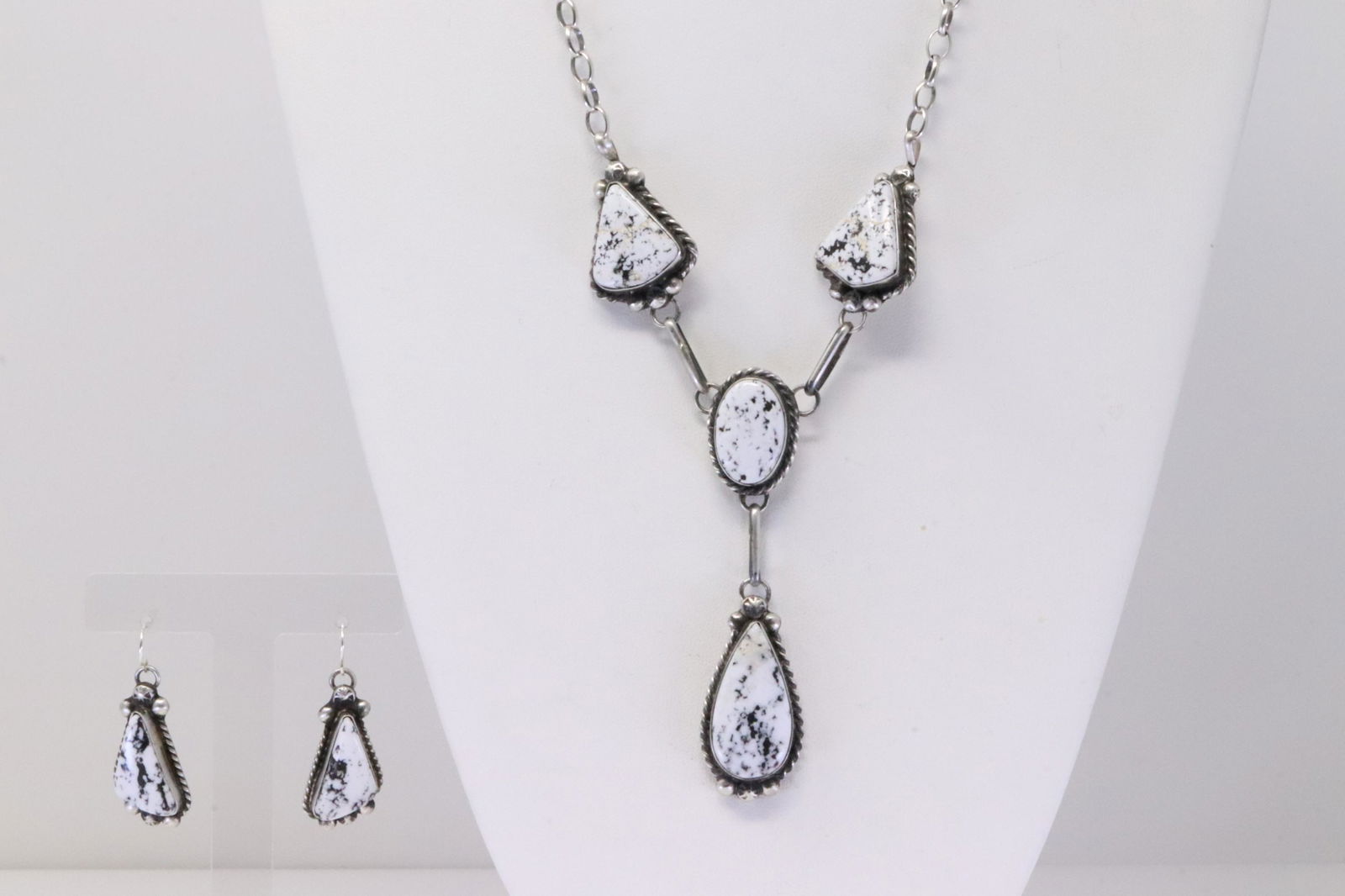 Native America Navajo Handmade Sterling Silver White Stone Necklace & Earring's Set By A.L. (1 of 7)