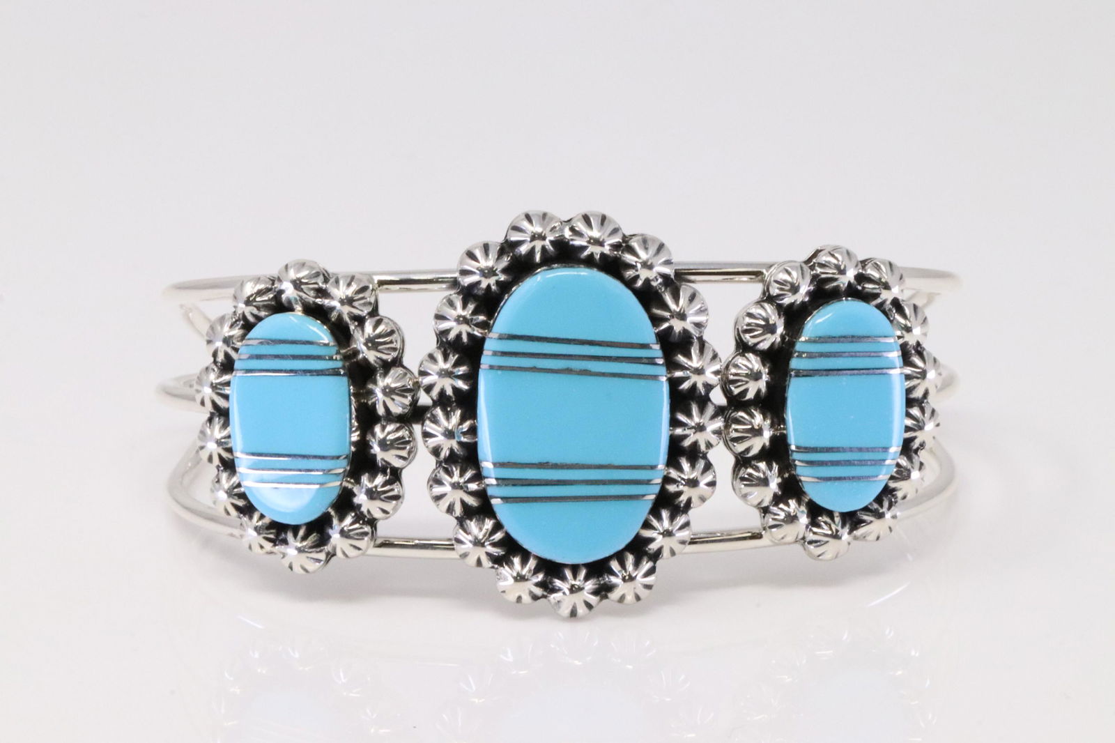 Native American Navajo Handmade Sterling Silver Turquoise Inlay Bracelet By Mike Smith. (1 of 4)