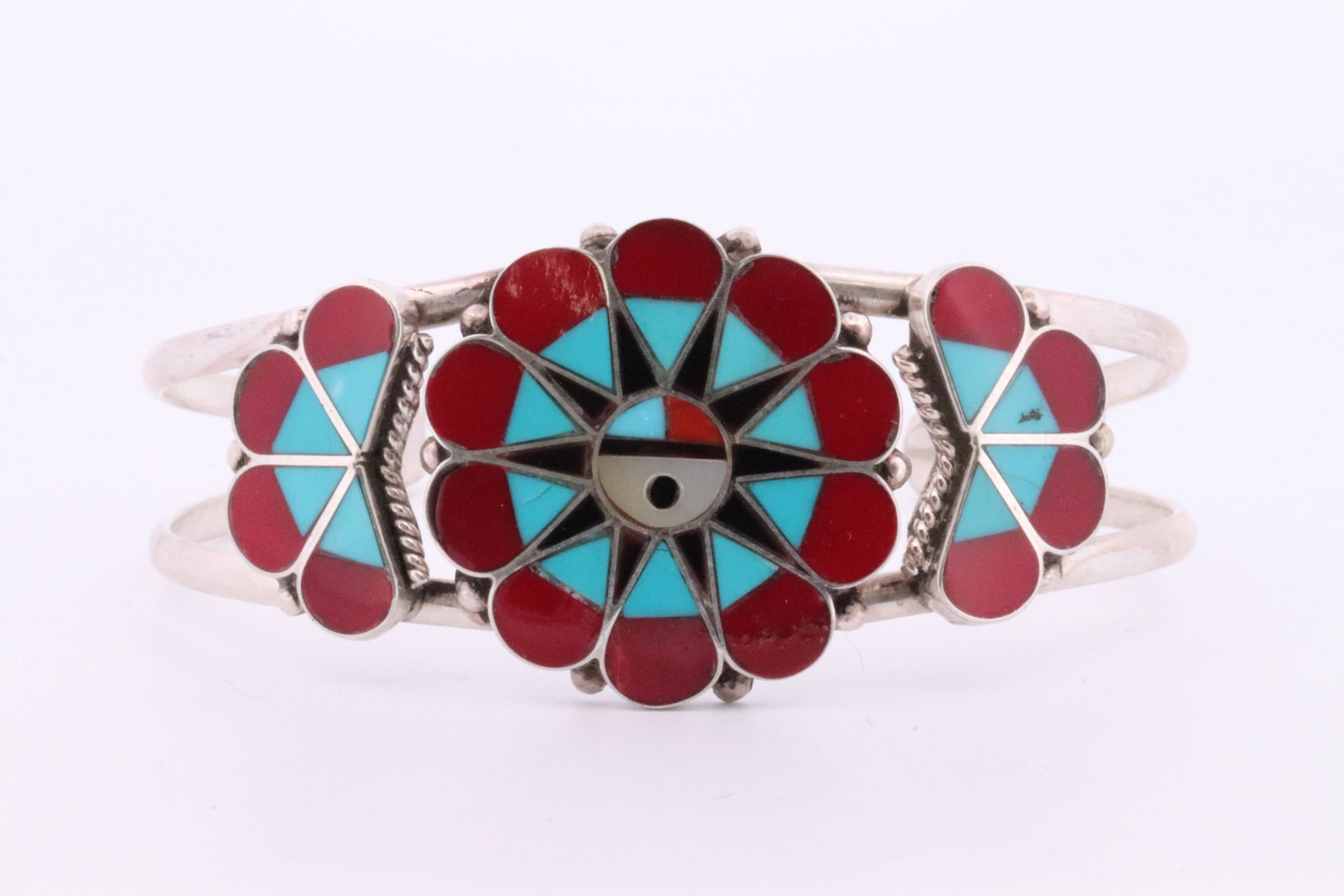 Native American Zuni Handmade Sterling Silver Multi-Color Sunface Bracelet By D.G. (1 of 4)