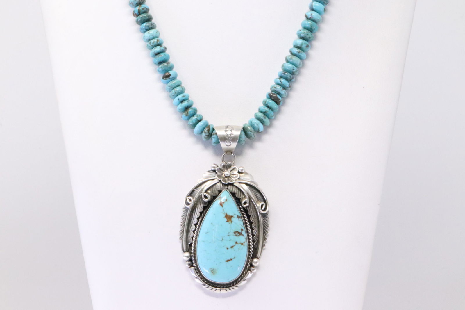 Native America Navajo Handmade Sterling Silver Turquoise Necklace & Pendant By Alfred Martinez. (1 of 4)
