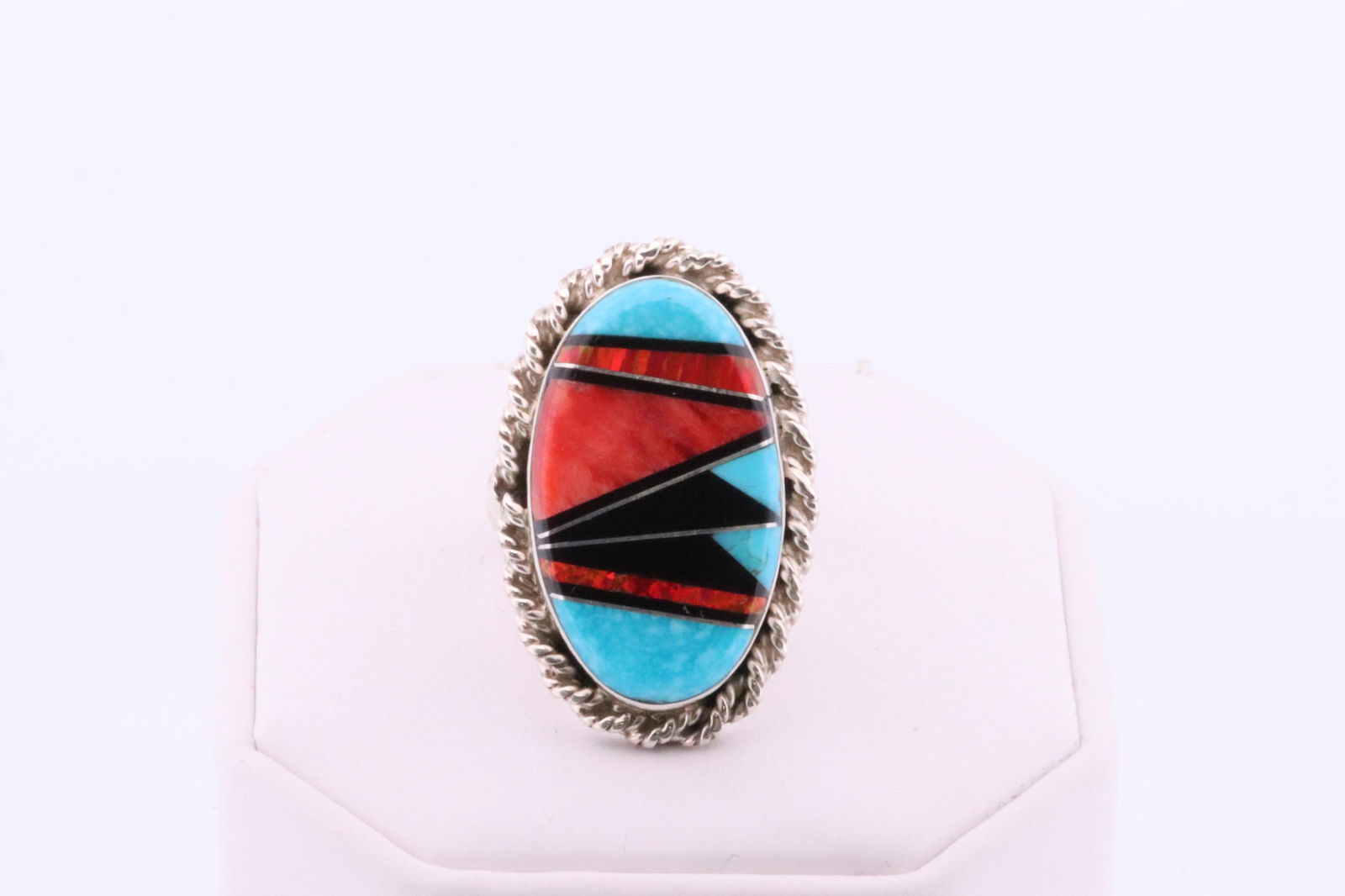 Native America Navajo Handmade Sterling Silver Multi-Color Inlay Ring By G.Douglas.: This is a Native America Navajo Handmade Sterling Silver Multi-Color Inlay Ring By G.Douglas. 8.50.