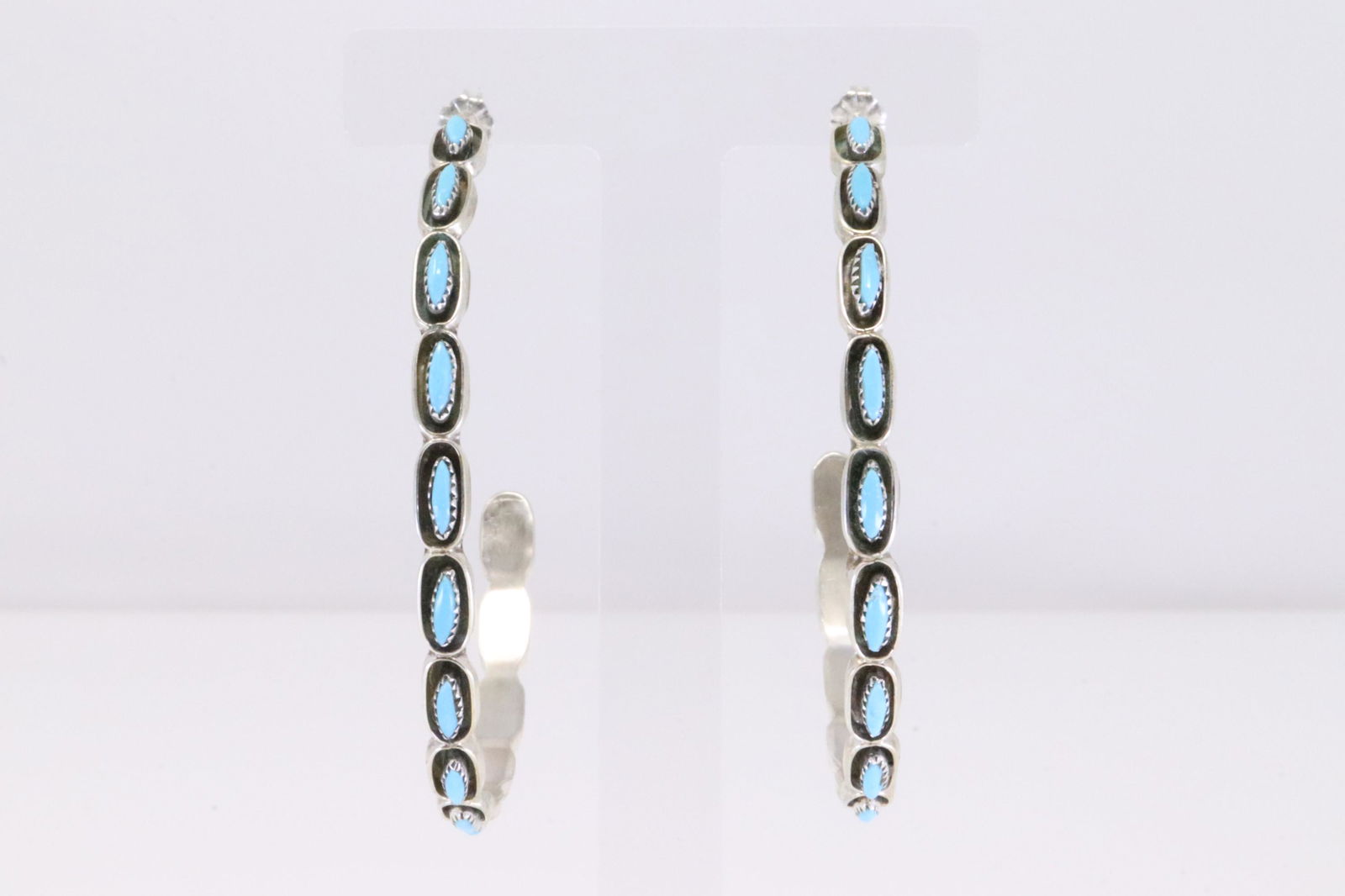 Native American Zuni Handmade Sterling Silver Turquoise Hoop Earring's. (1 of 4)
