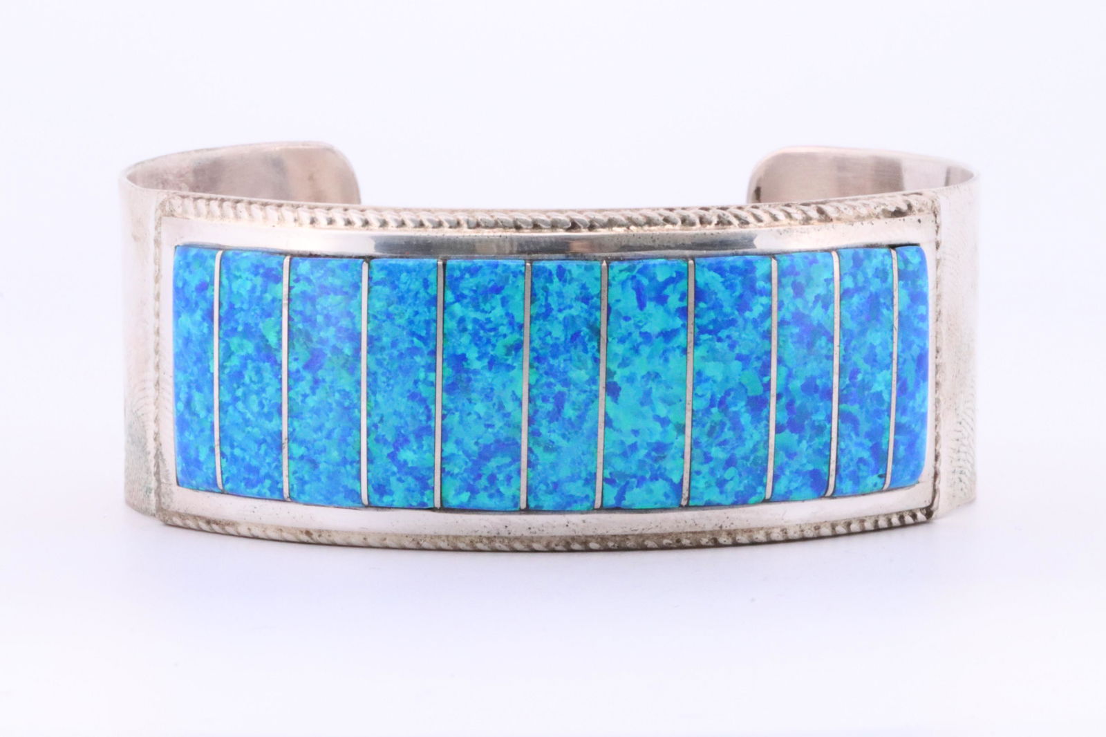 Native America Zuni Handmade Sterling Silver Opal Inlay Bracelet By E.L. (1 of 4)