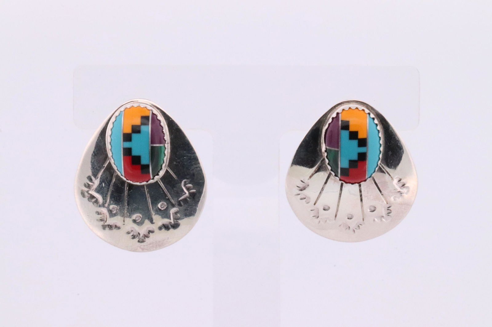 Native America Navajo Handmade Sterling Silver Multi-Color Post Earring's By B. (1 of 4)