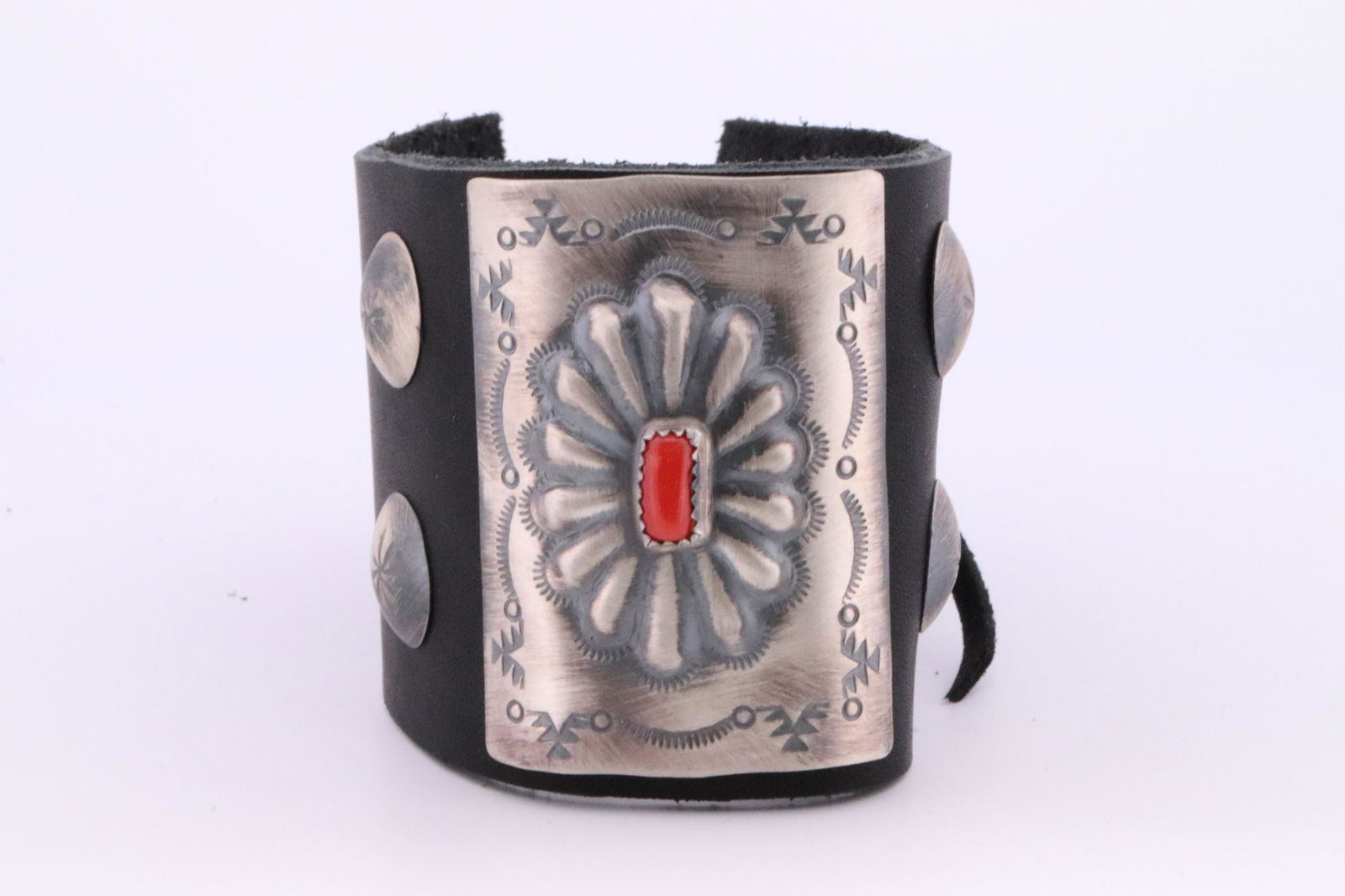 Native America Navajo Handmade Sterling Silver Coral Leather Bracelet By Dale Morgan. (1 of 4)