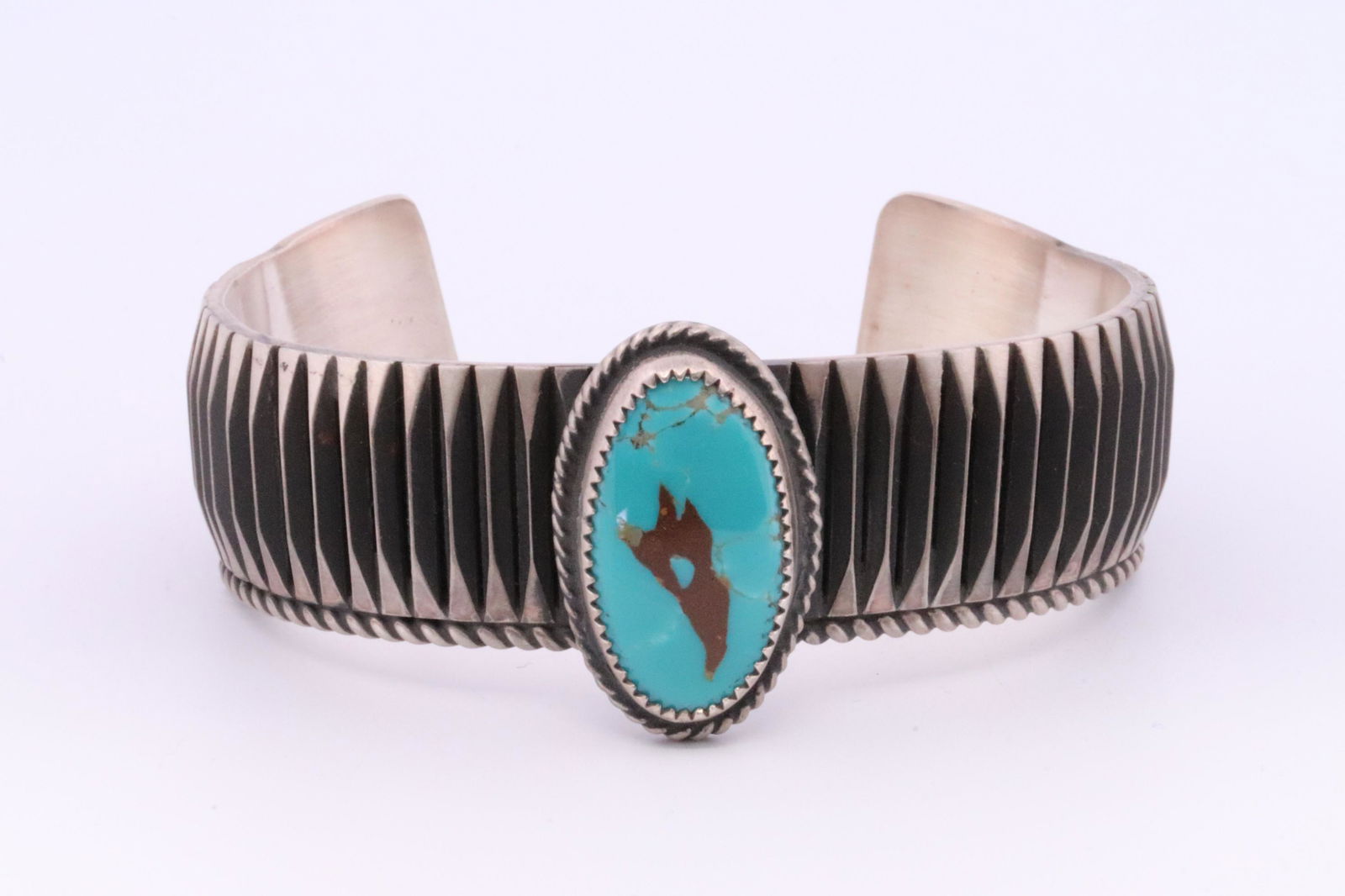 Native America Navajo Handmade Sterling Silver Turquoise Cuff Bracelet By Leander Tahe. (1 of 4)