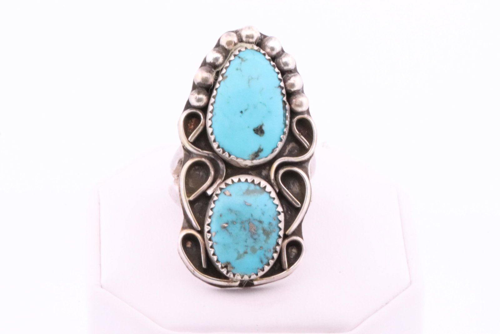 Native American Navajo Handmade Sterling Silver Turquoise Ring 2 Stone Cuff By R.S. (1 of 4)