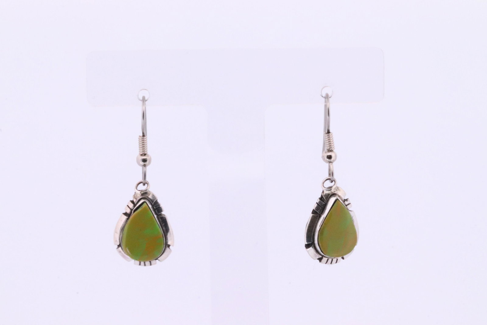 Native American Navajo Handmade Sterling Silver Green Stone Dangling Earring's By C. (1 of 4)