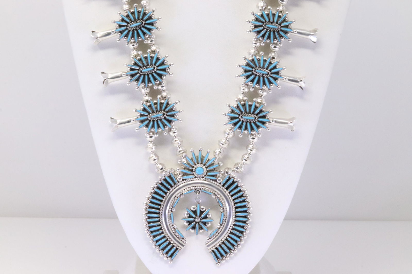 Native American Zuni Handmade Sterling Silver Turquoise Squash Blossom Necklace & Earring's Set By (1 of 10)