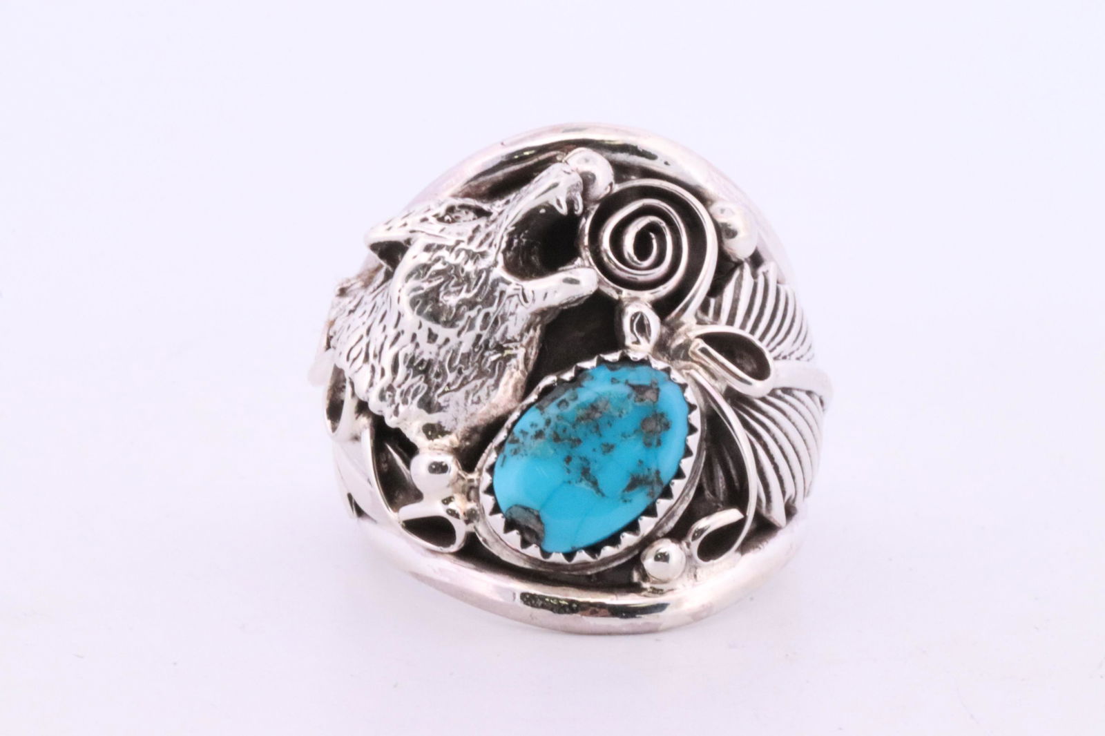 Native America Navajo Handmade Sterling Silver Turquoise Wolf Ring By Jeanette Saunders. (1 of 4)